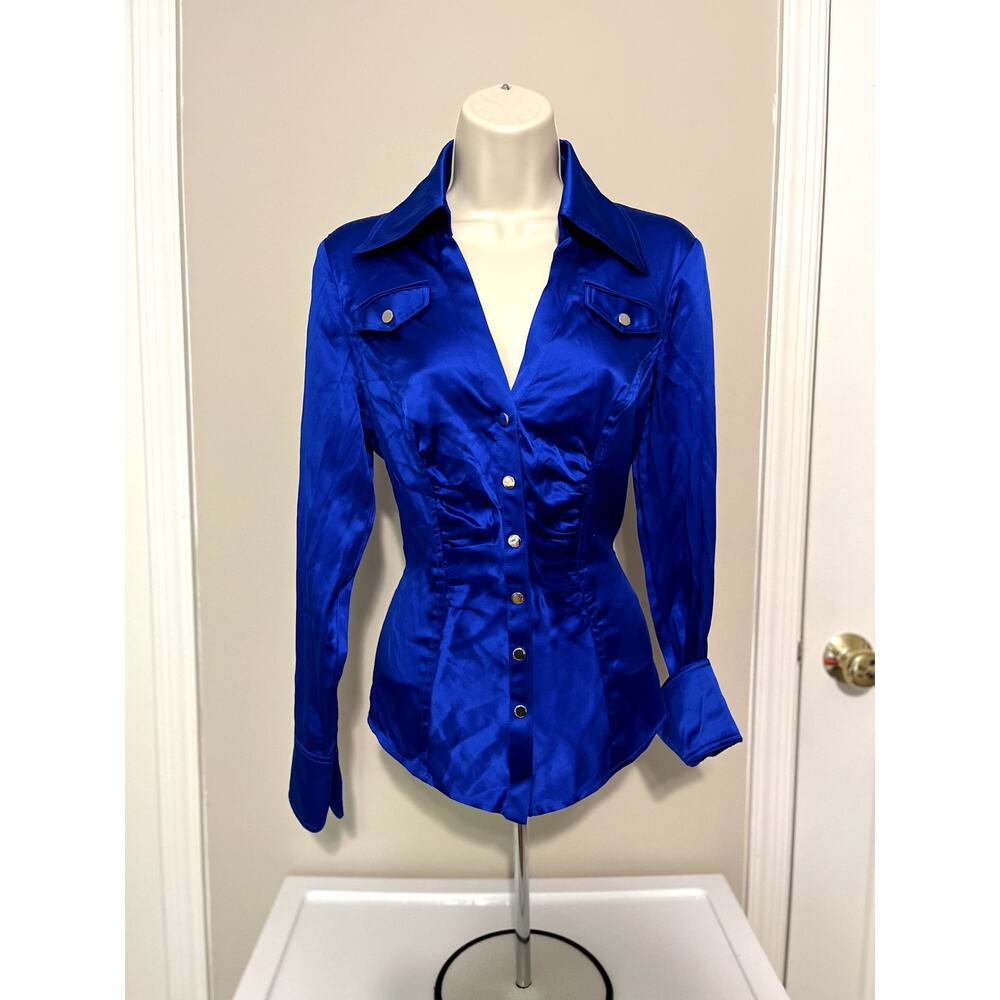 Vintage Cache Silk Vibrant Blue Long Sleeve Blouse Button Up Size small